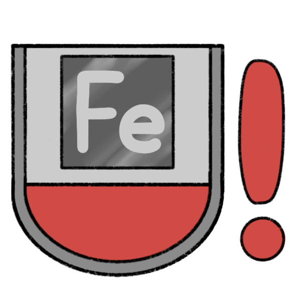 a grey container with a rounded bottom, partially filled with red liquid, with a shiny grey box that reads “Fe” for iron on it. There is a red exclamation point next to it.